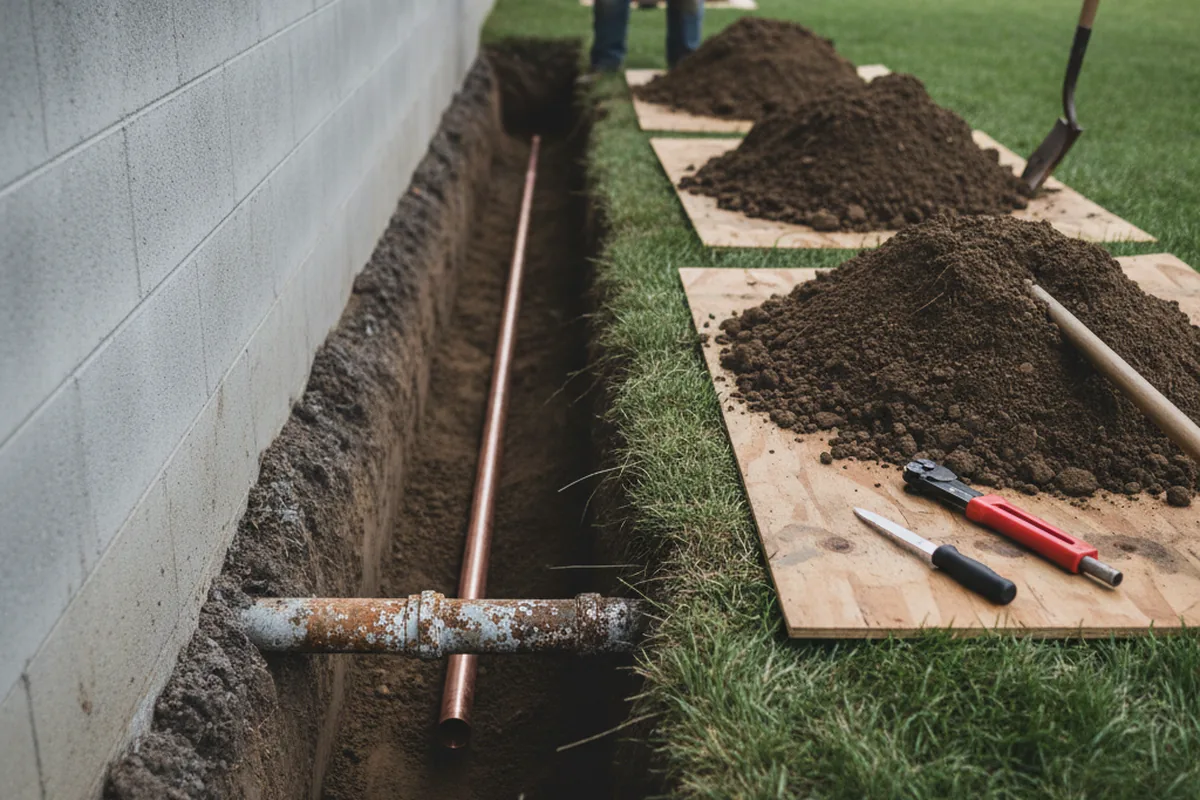 Excavated water line trench during Water Softener Installation in Ravenel